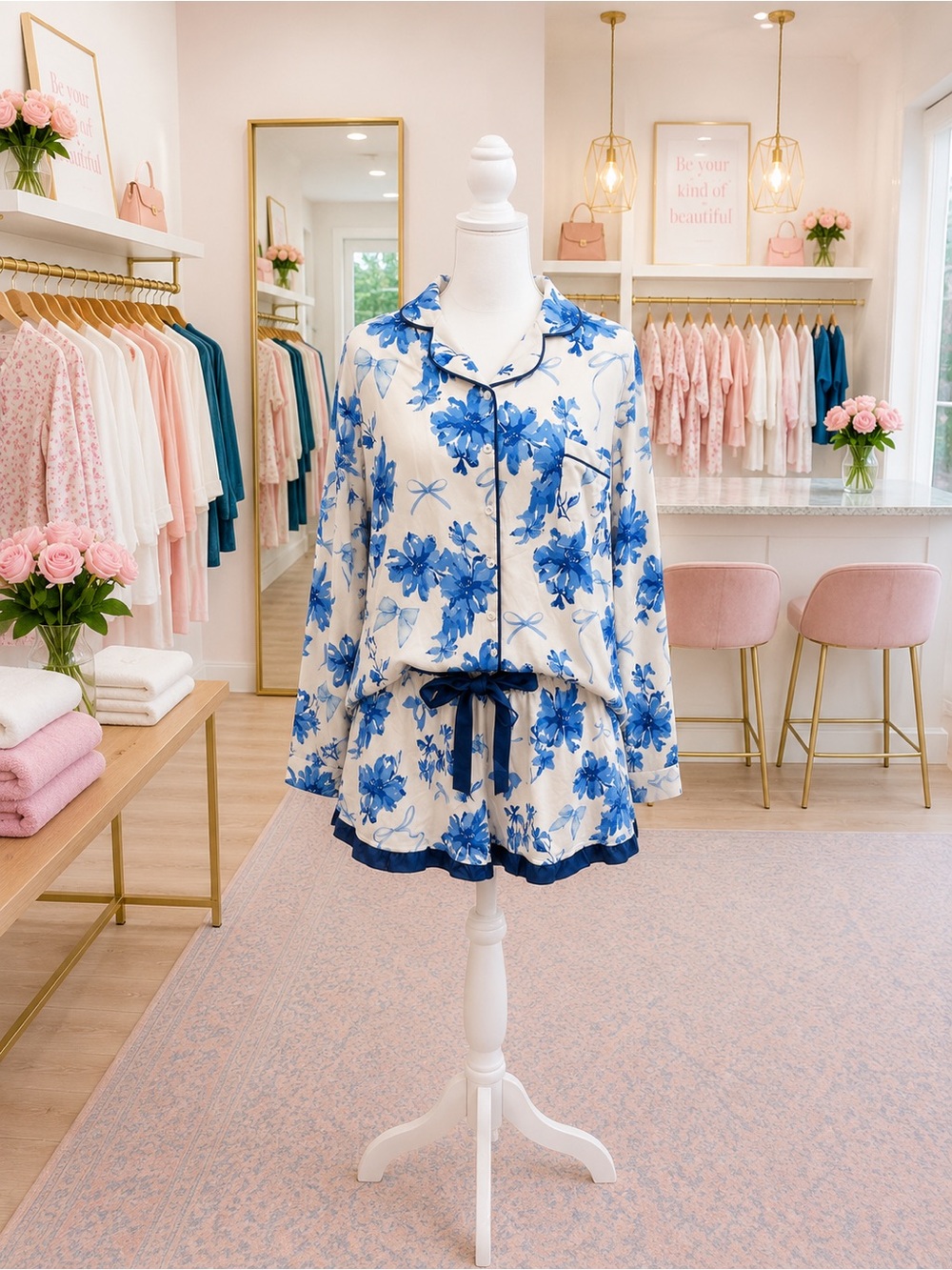 Jess Lea Blue Floral Bow Pajama Set Size 3X Ruffle Shorts NWOT